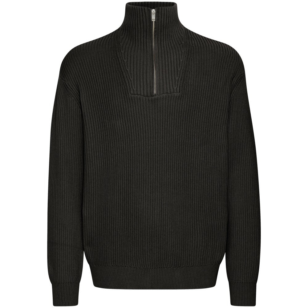 Solid Cotton Knit Zip Neck Neck Pullover Black