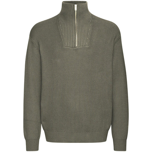 Solid Cotton Knit Zip Neck Neck Pullover Moss