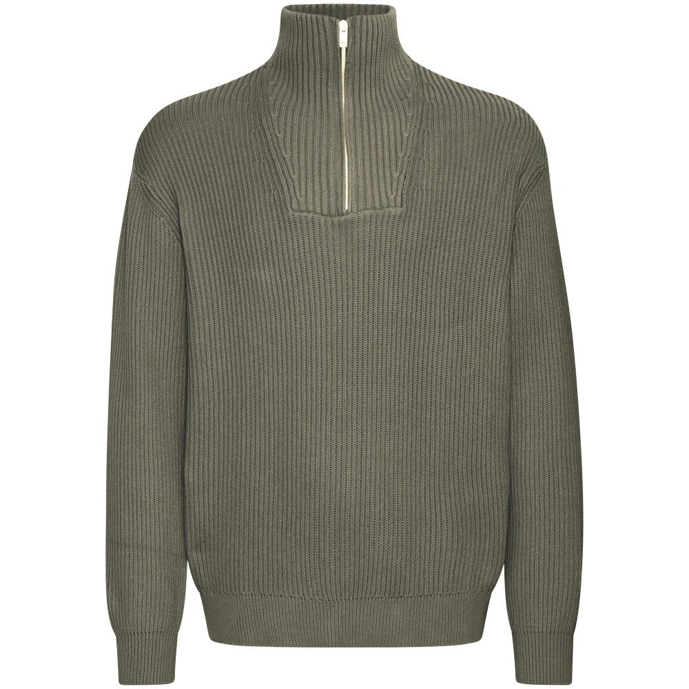Solid Cotton Knit Zip Neck Neck Pullover Moss
