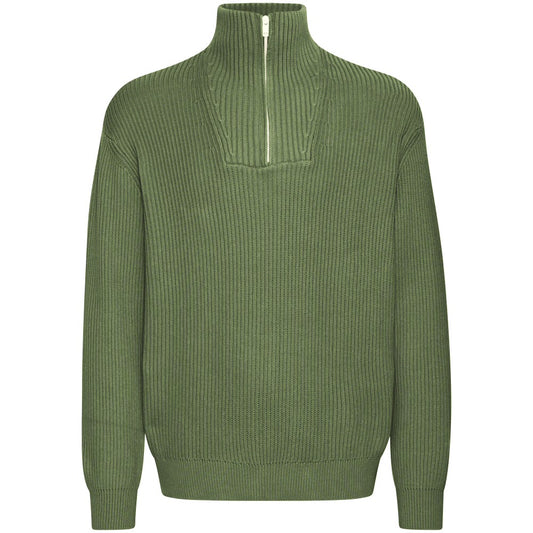 Solid Cotton Knit Zip Neck Neck Pullover Green