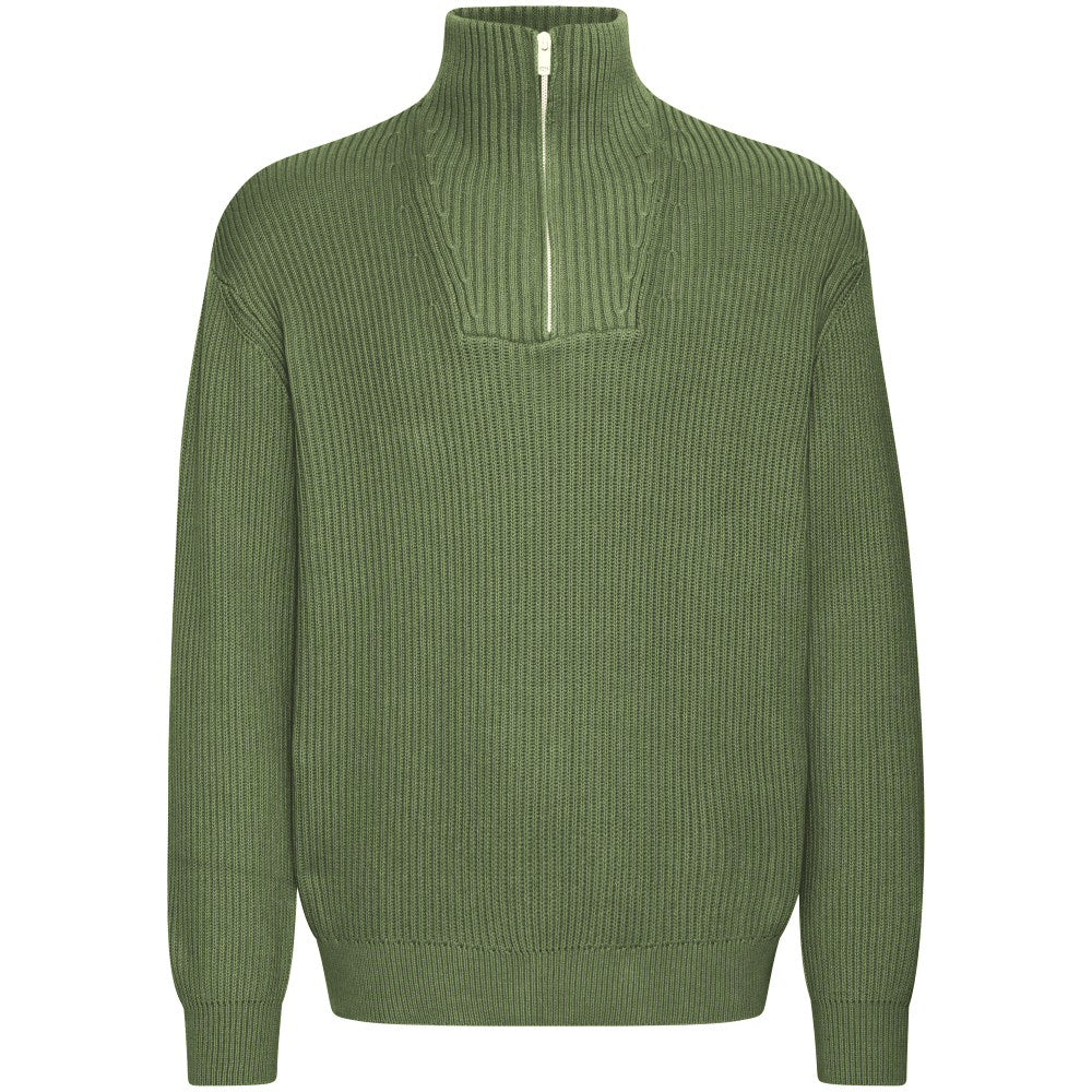Solid Cotton Knit Zip Neck Neck Pullover Green