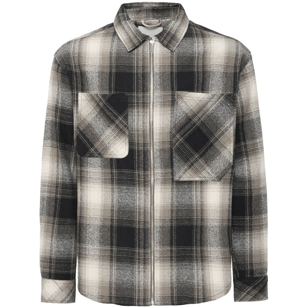 Solid Zip Through Check Overshirt Brown