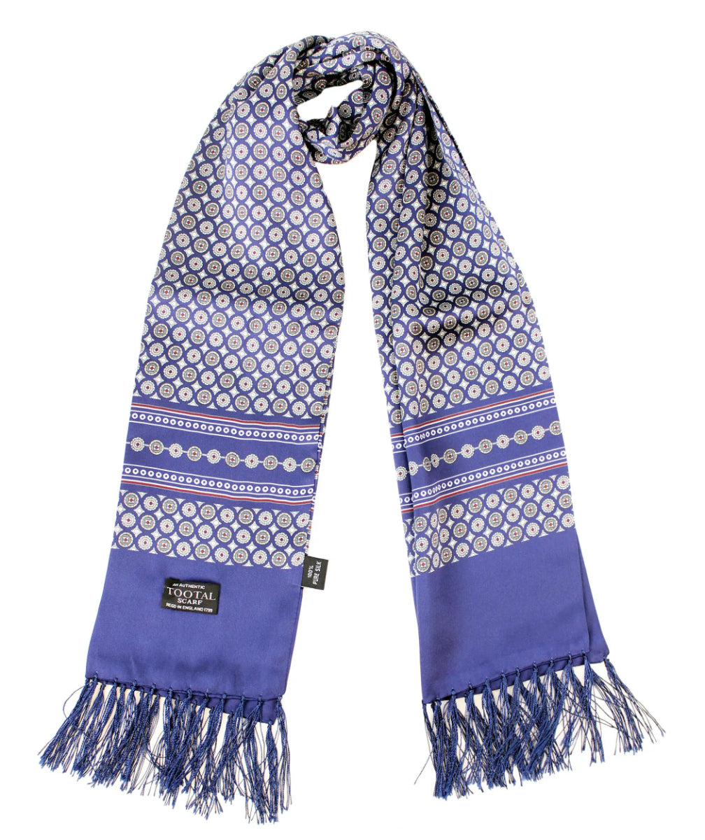 Tootal Mens Printed Silk Scarf Geometric Wheel Design Navy