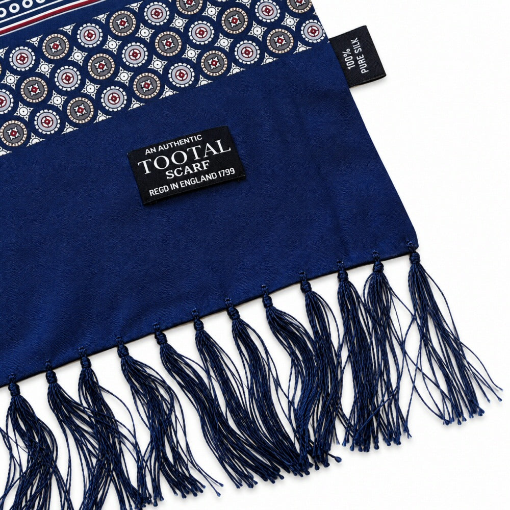Tootal Mens Printed Silk Scarf Geometric Wheel Design Navy