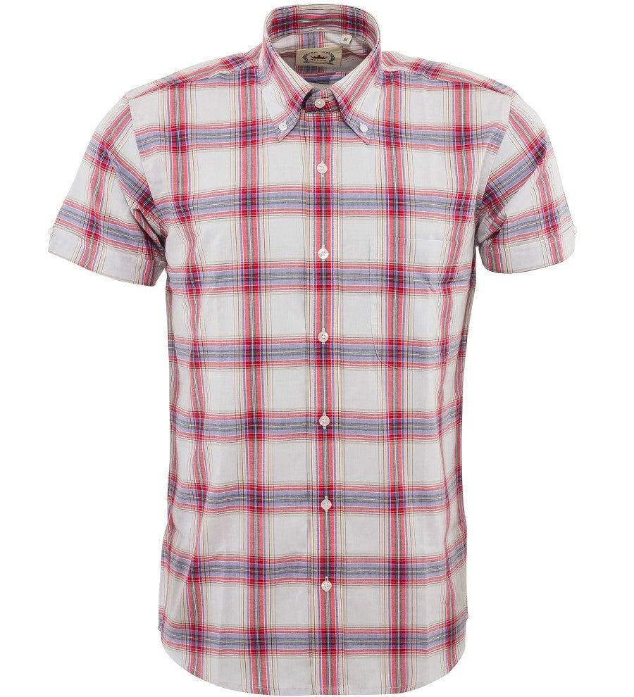 Relco Button Down Check Short Sleeve Shirt White And Red