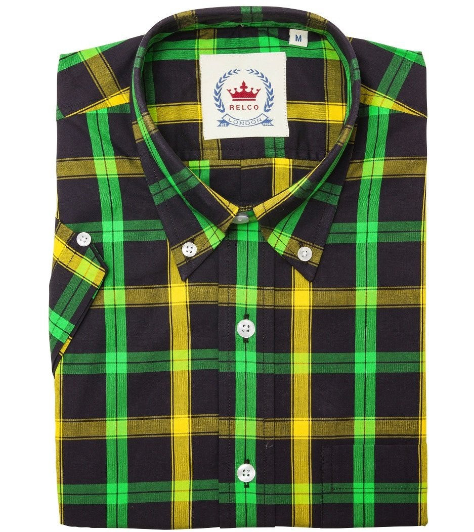 Relco Button Down Check Short Sleeve Shirt Jamaican Black Green Gold