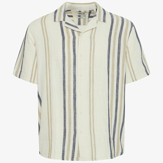 Solid Revere Camp Collar Textured Cotton Stripe Shirt Blue