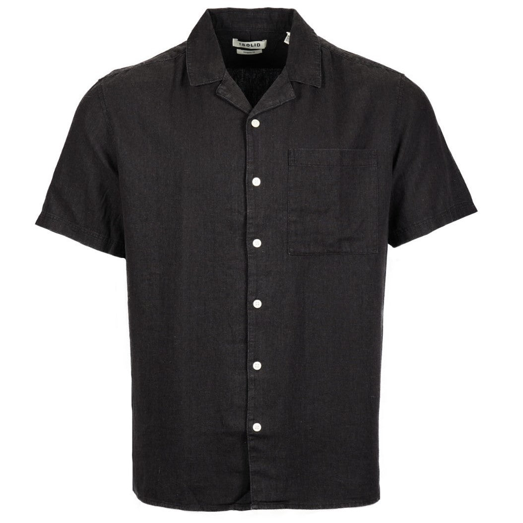 Solid Revere Camp Collar Linen Viscose Mix Shirt Black