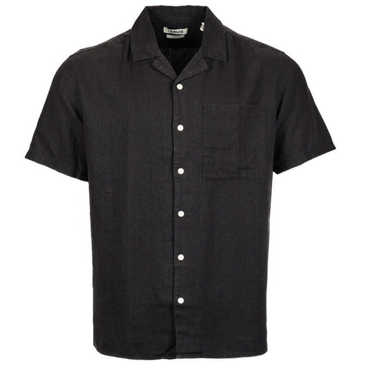 Solid Revere Camp Collar Linen Viscose Mix Shirt Black