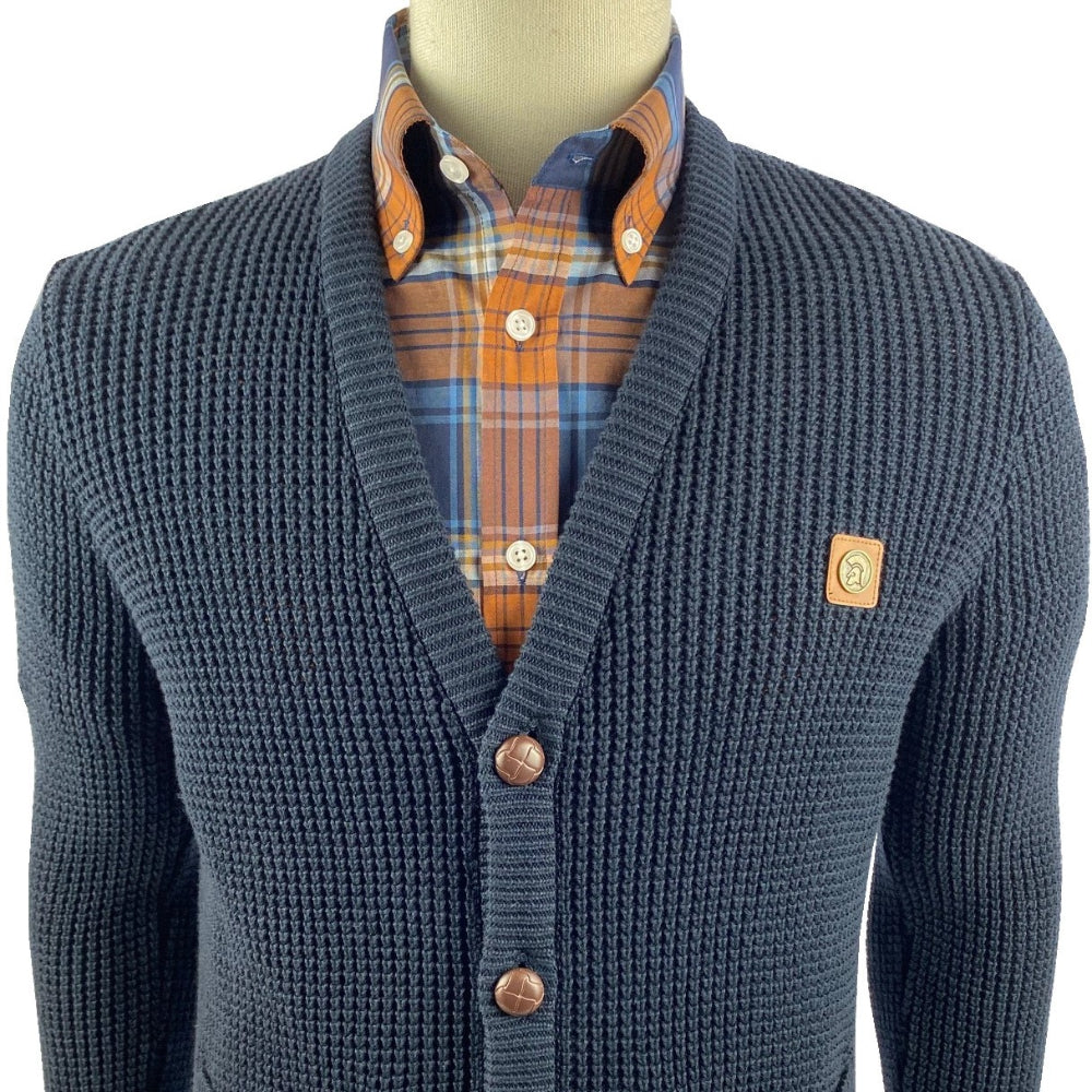 Trojan Records Waffle Knit Football Buttons Cardigan Navy