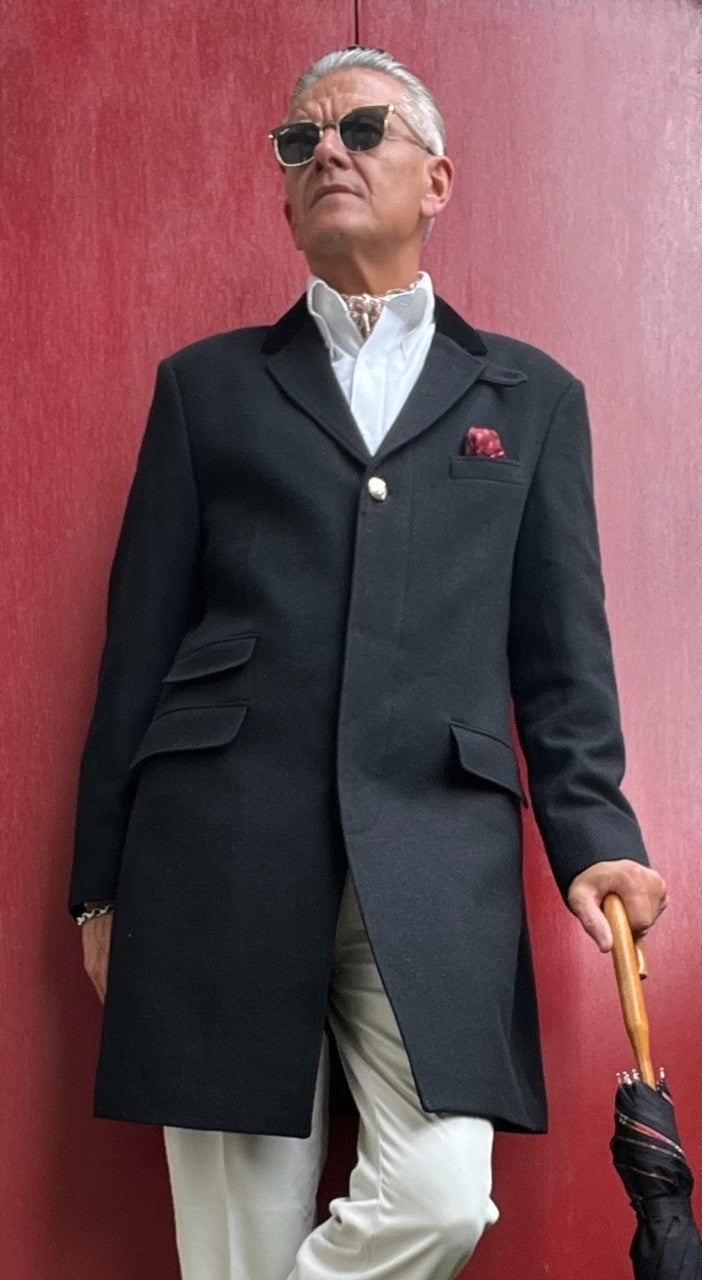 Gabicci Vintage Velvet Collar Wool Mix Overcoat Black