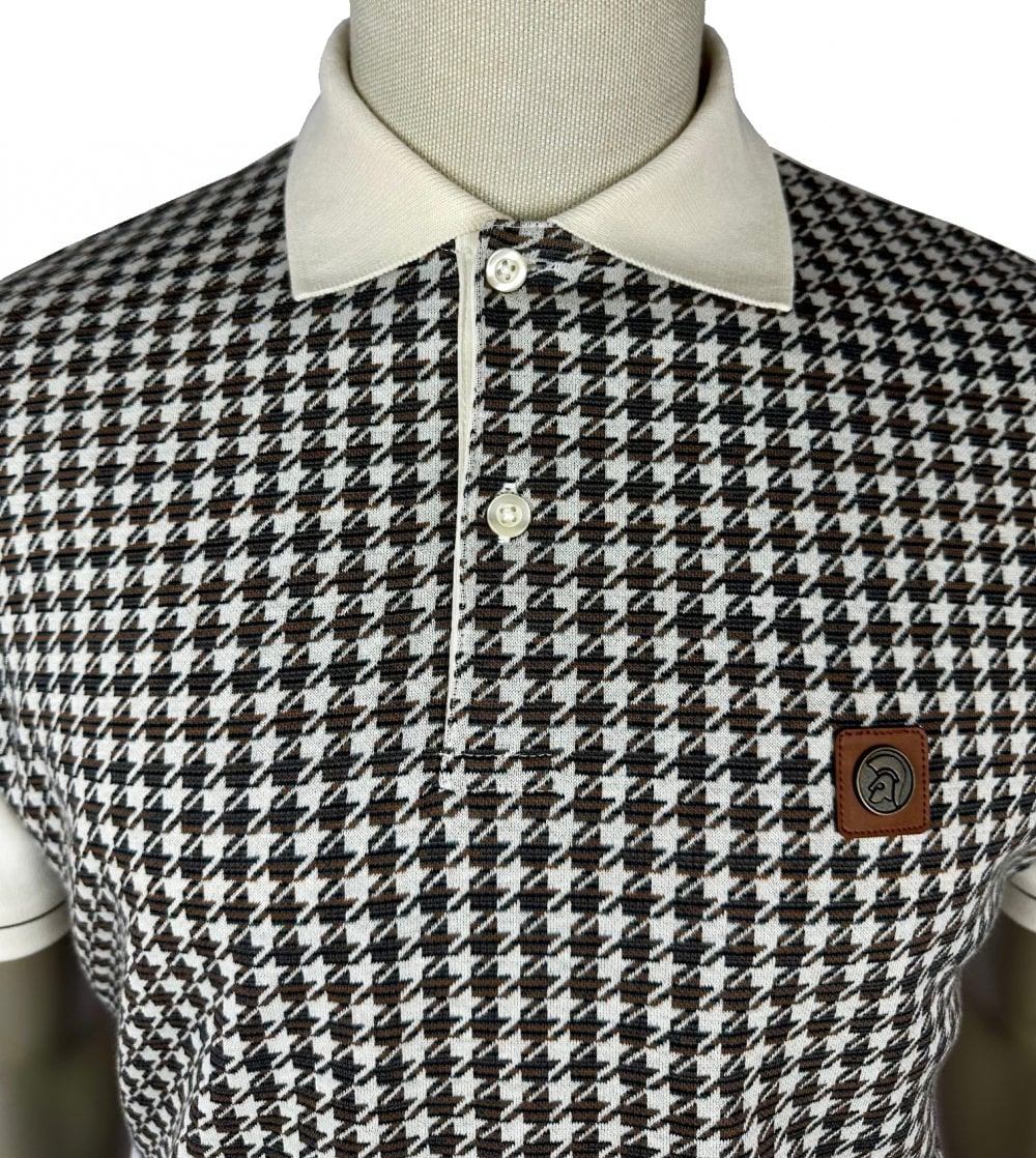 Trojan Records Houndstooth Panel Polo Shirt Ecru