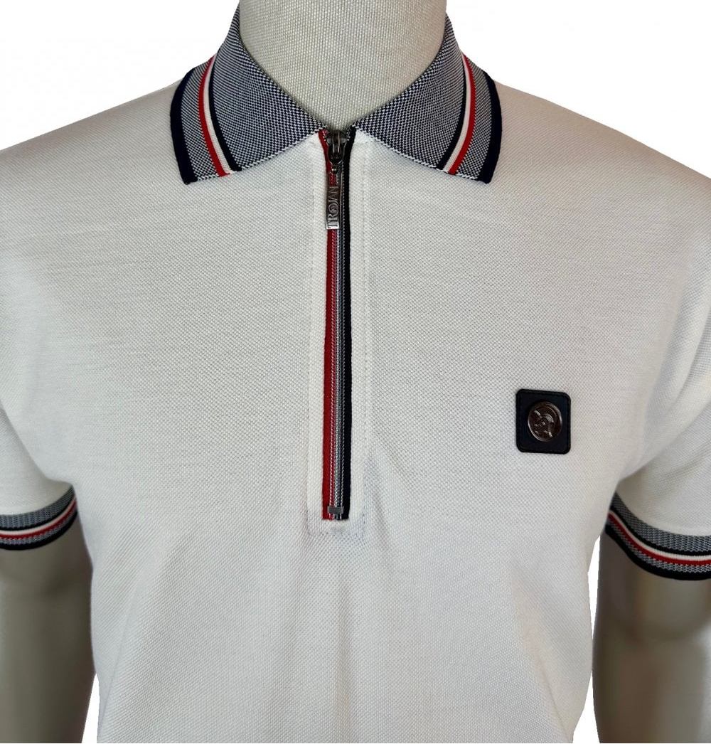 Trojan Records Oxford Collar Pique Zip Polo Shirt Ecru