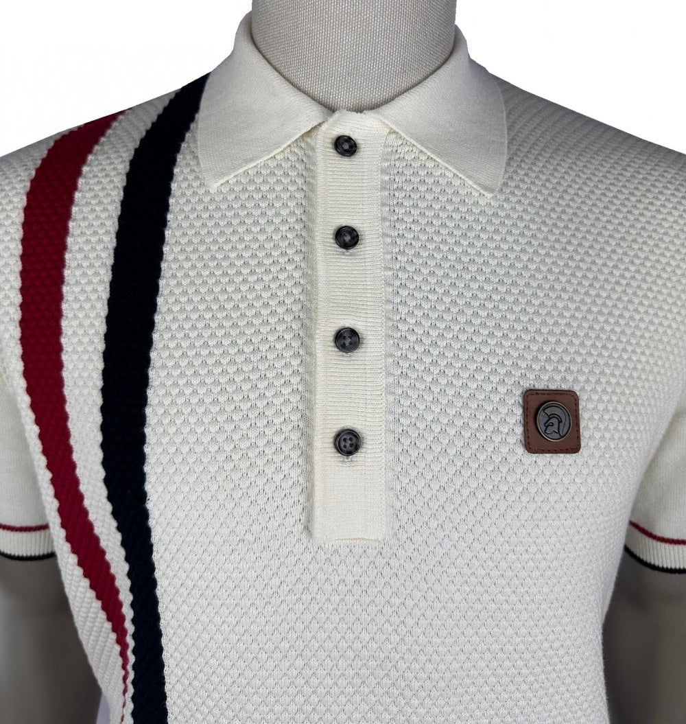 Trojan Records Fine Gauge Knit Racing Stripe Polo Ecru