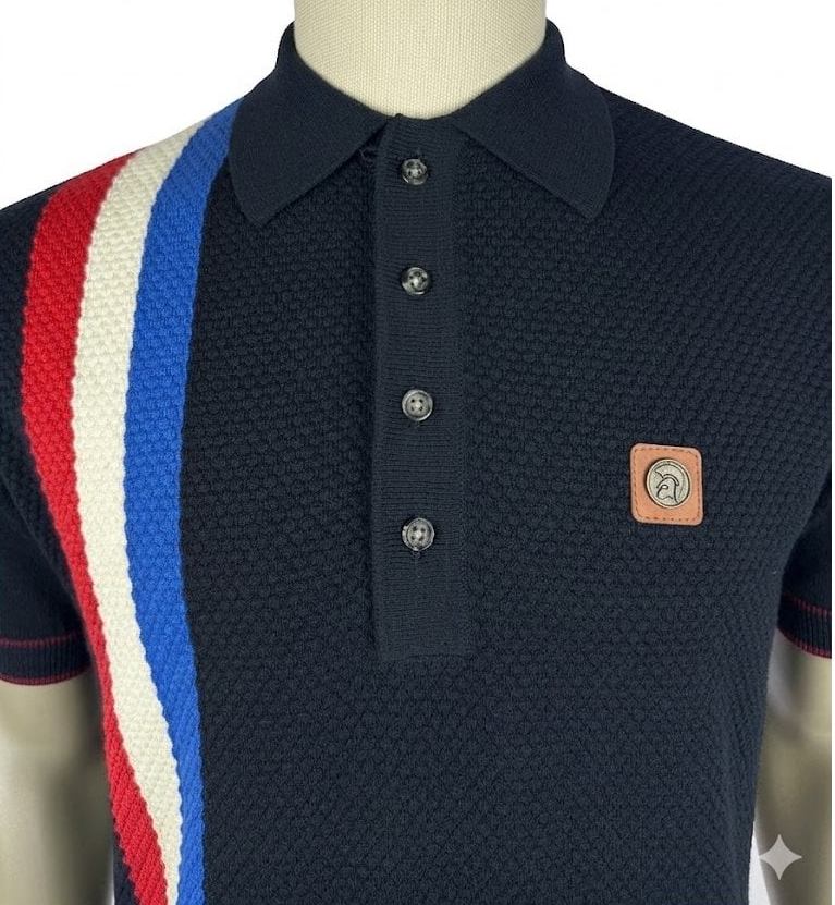 Trojan Records Fine Gauge Knit Racing Stripe Polo Navy