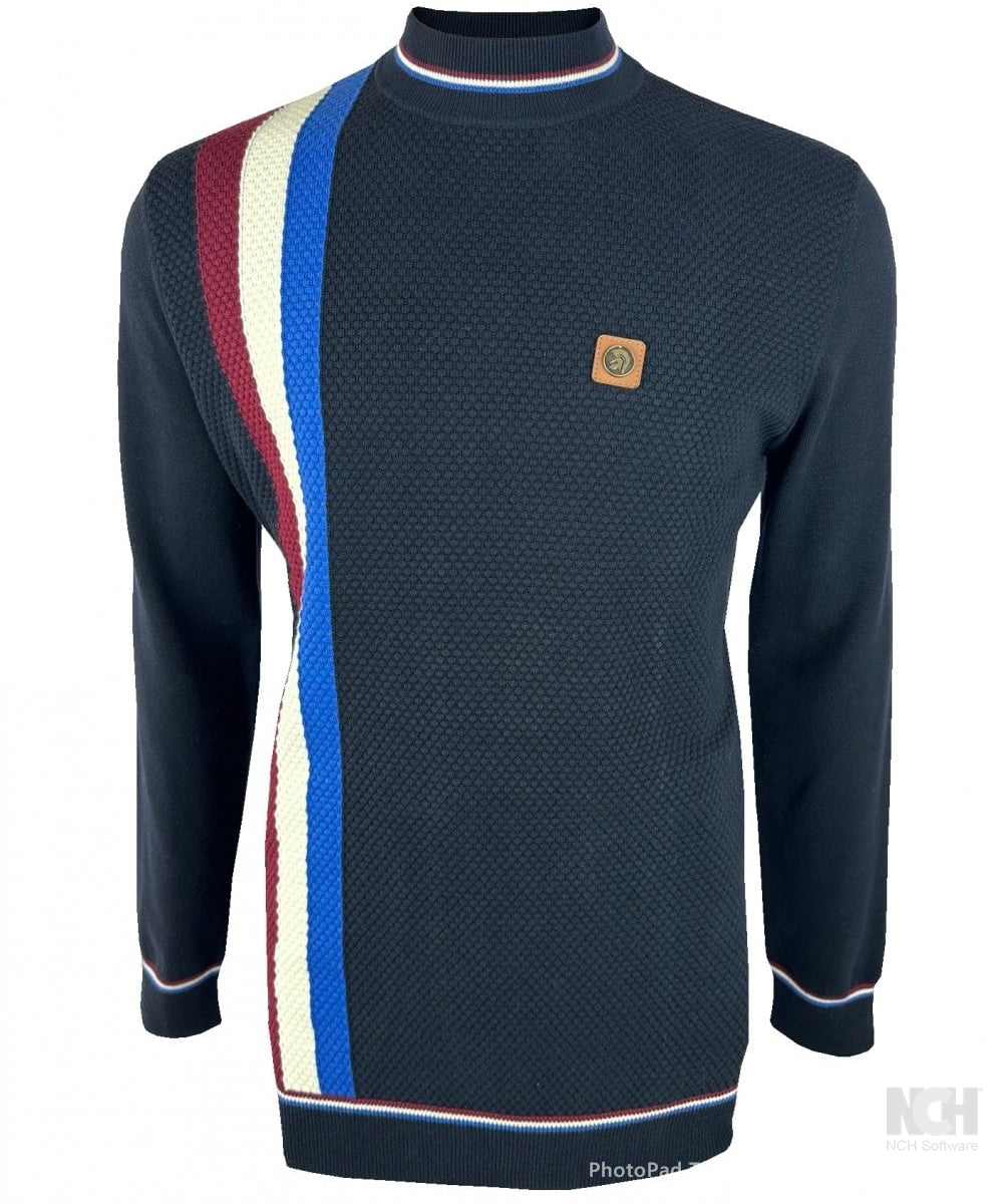 Trojan Records Fine Gauge Knit Racing Stripe Turtle Neck Navy