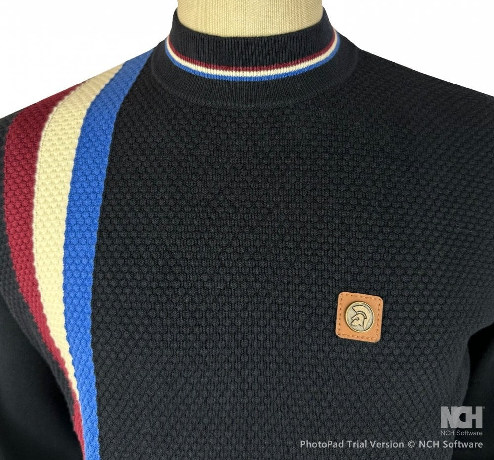 Trojan Records Fine Gauge Knit Racing Stripe Turtle Neck Navy