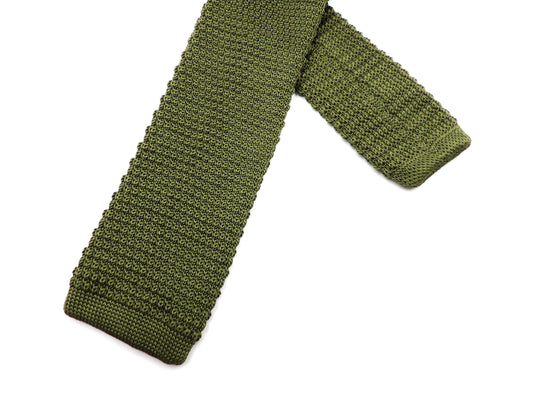 Knightsbridge Retro Mod 60's Slim Square End Plain Knitted Tie Olive Green