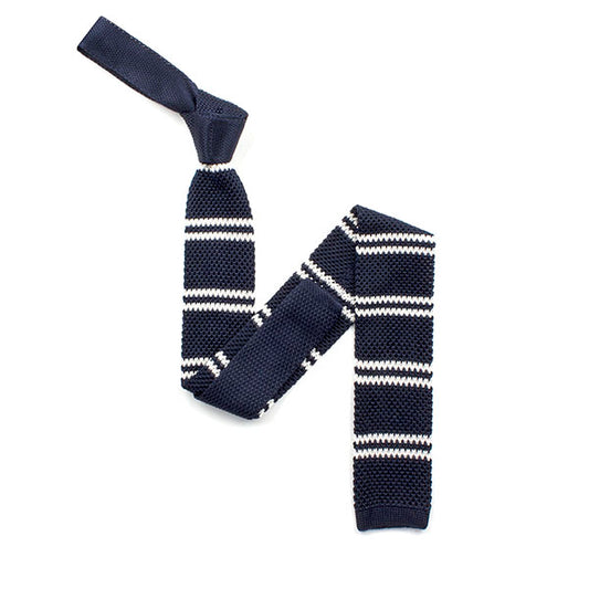 Knightsbridge Retro Mod 60's Ivy League Slim Horizontal Stripe Square End Knitted Silk Tie Navy / White