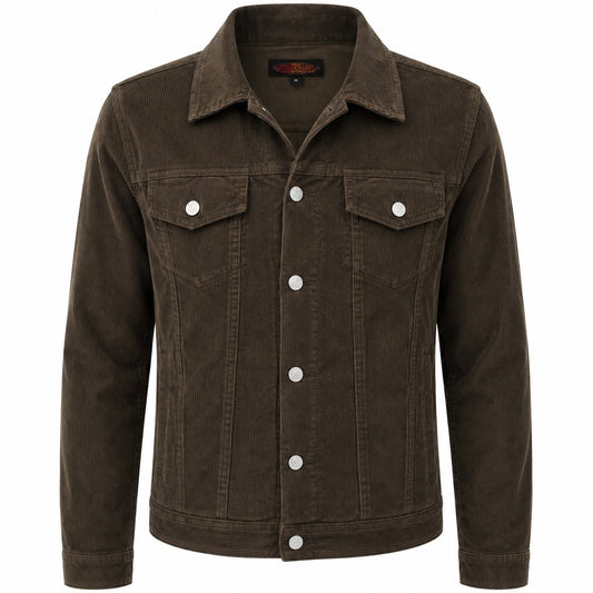 Mens 60s Retro Vintage Brown Cord Western Trucker Jacket