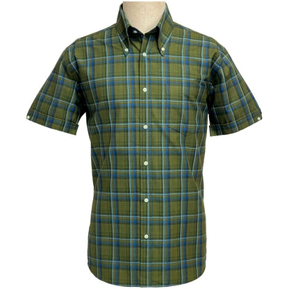 PRE-ORDER: Adaptor Clothing Check Short Sleeve Button Down Shirt Olive