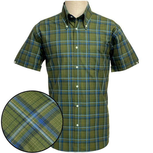 PRE-ORDER: Adaptor Clothing Check Short Sleeve Button Down Shirt Olive