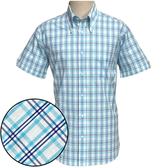 PRE-ORDER: Adaptor Clothing Check Short Sleeve Button Down Shirt Turquoise