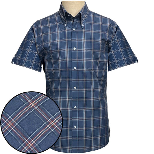 PRE-ORDER: Adaptor Clothing Check Short Sleeve Button Down Shirt Mid Blue