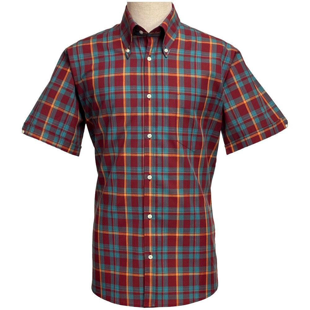 PRE-ORDER: Adaptor Clothing Check Short Sleeve Button Down Shirt Wine