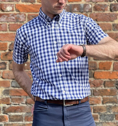 Adaptor Clothing Gingham Short Sleeve Button Down Shirt Navy