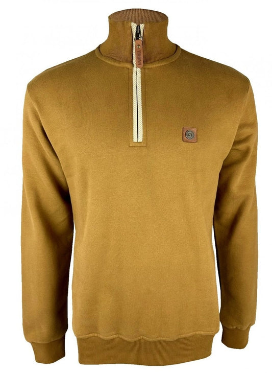 Trojan Records Jacquard Trim 1/4 Zip Sweatshirt Tan