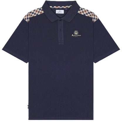 Aquascutum Active Club Check Shoulder Piquet Polo Shirt Navy