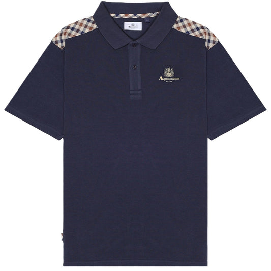 Aquascutum Active Club Check Shoulder Piquet Polo Shirt Navy