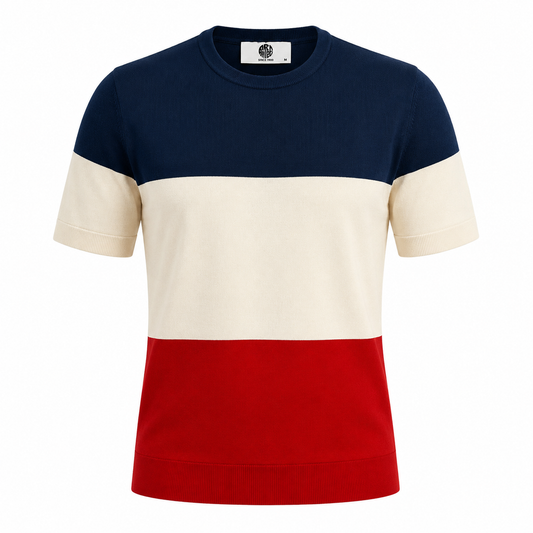 Art Gallery Fine Gauge Knit Block Stripe Crew Neck Top Red White Blue