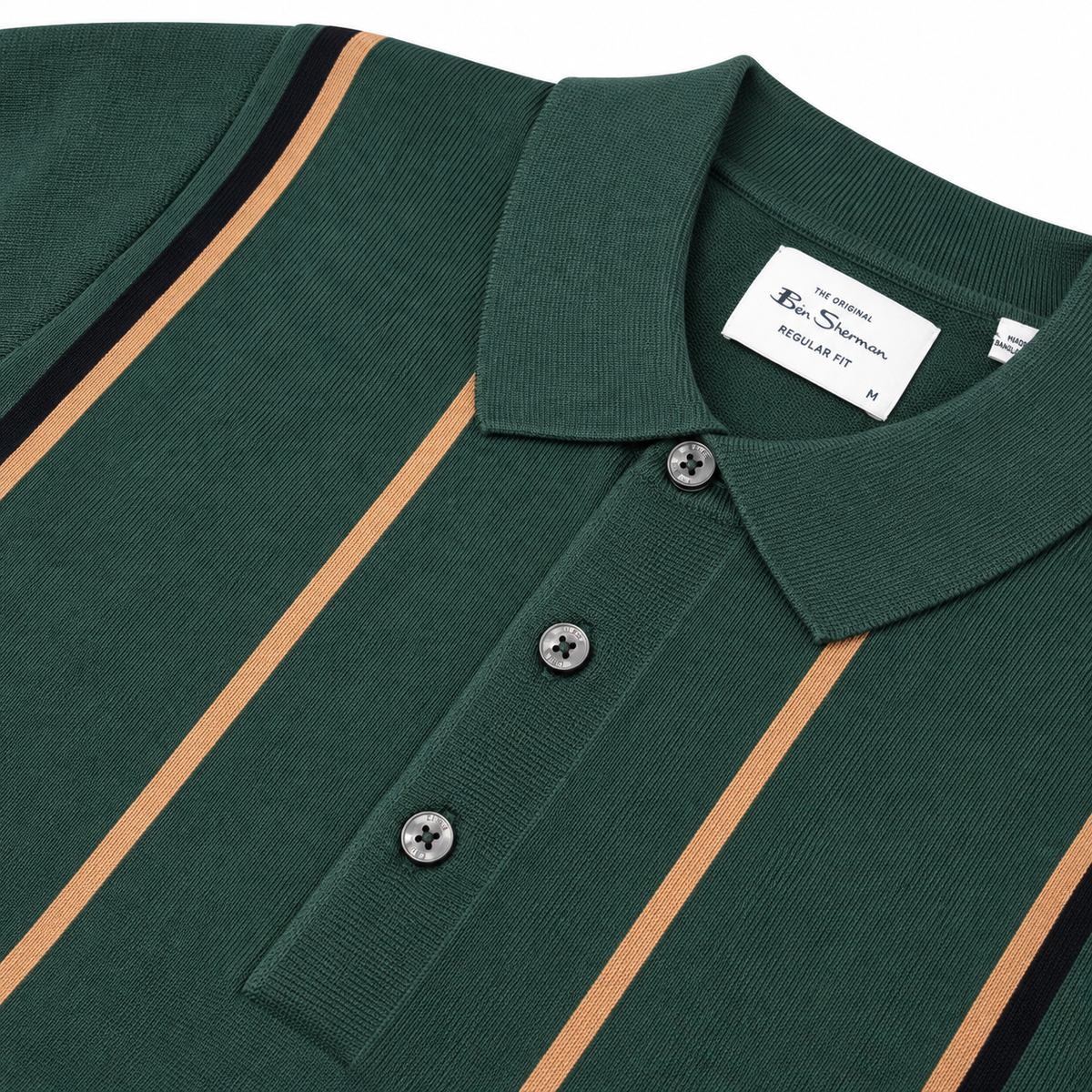 Ben Sherman Panel Stripe 3 Button Knit Polo Shirt Green