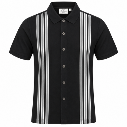 Ben Sherman Birdseye Stripe Button Through Polo Black