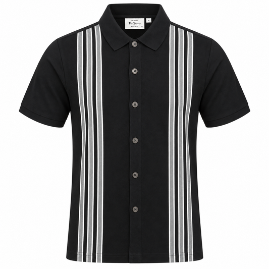 Ben Sherman Birdseye Stripe Button Through Polo Black