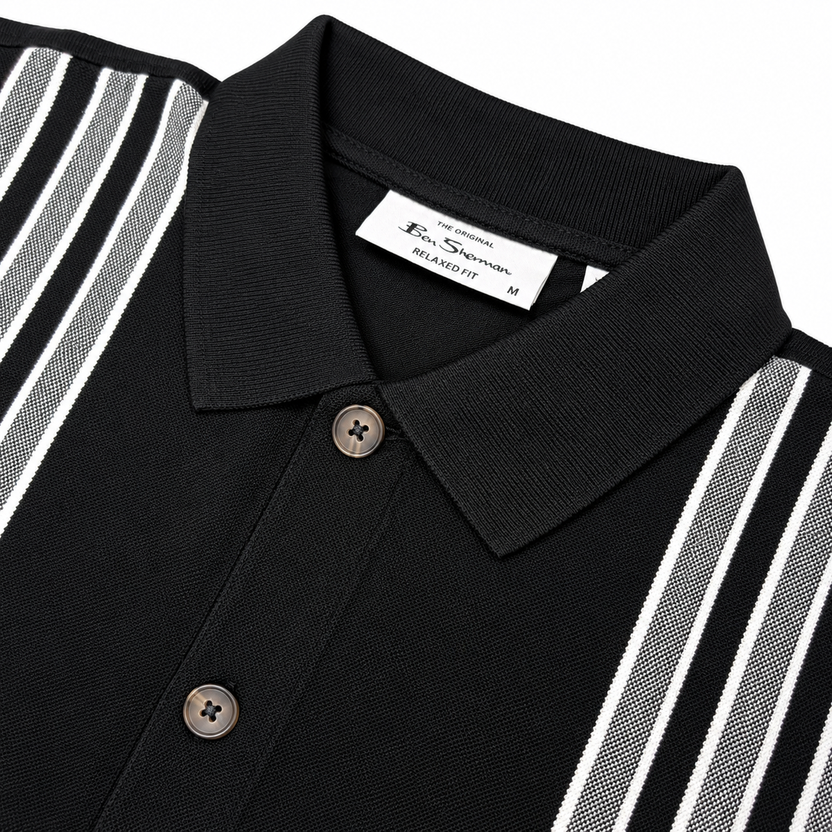 Ben Sherman Birdseye Stripe Button Through Polo Black