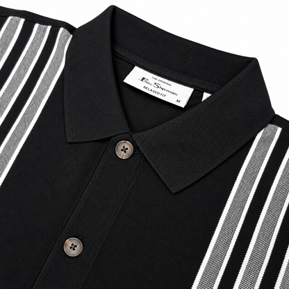 Ben Sherman Birdseye Stripe Button Through Polo Black