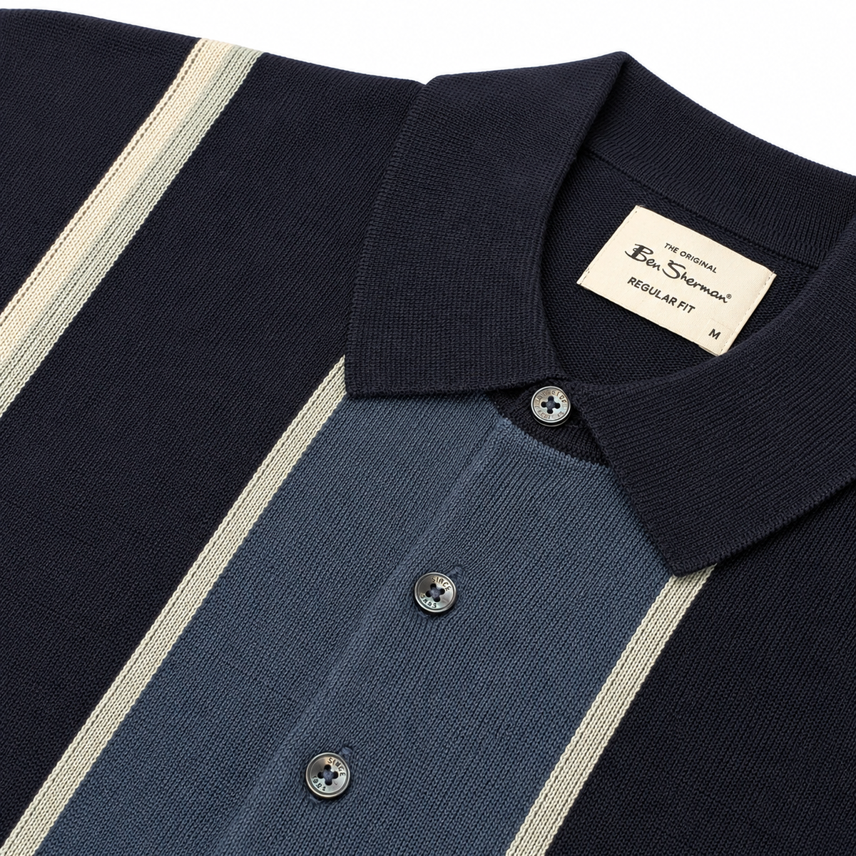Ben Sherman Panel Stripe 3 Button Knit Polo Shirt Navy