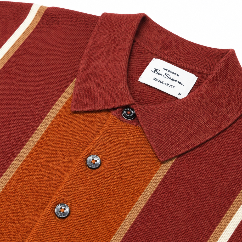 Ben Sherman Panel Stripe 3 Button Knit Polo Shirt Brick