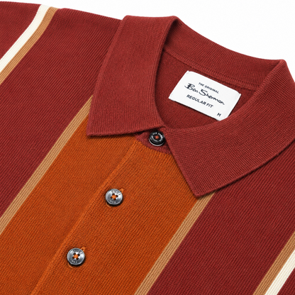 Ben Sherman Panel Stripe 3 Button Knit Polo Shirt Brick