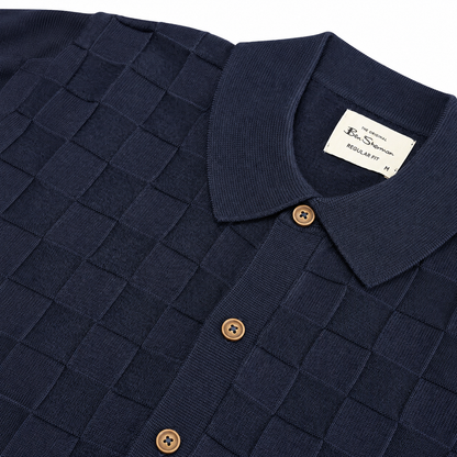 Ben Sherman Enlarged Checkerboard Knit Cardigan Navy