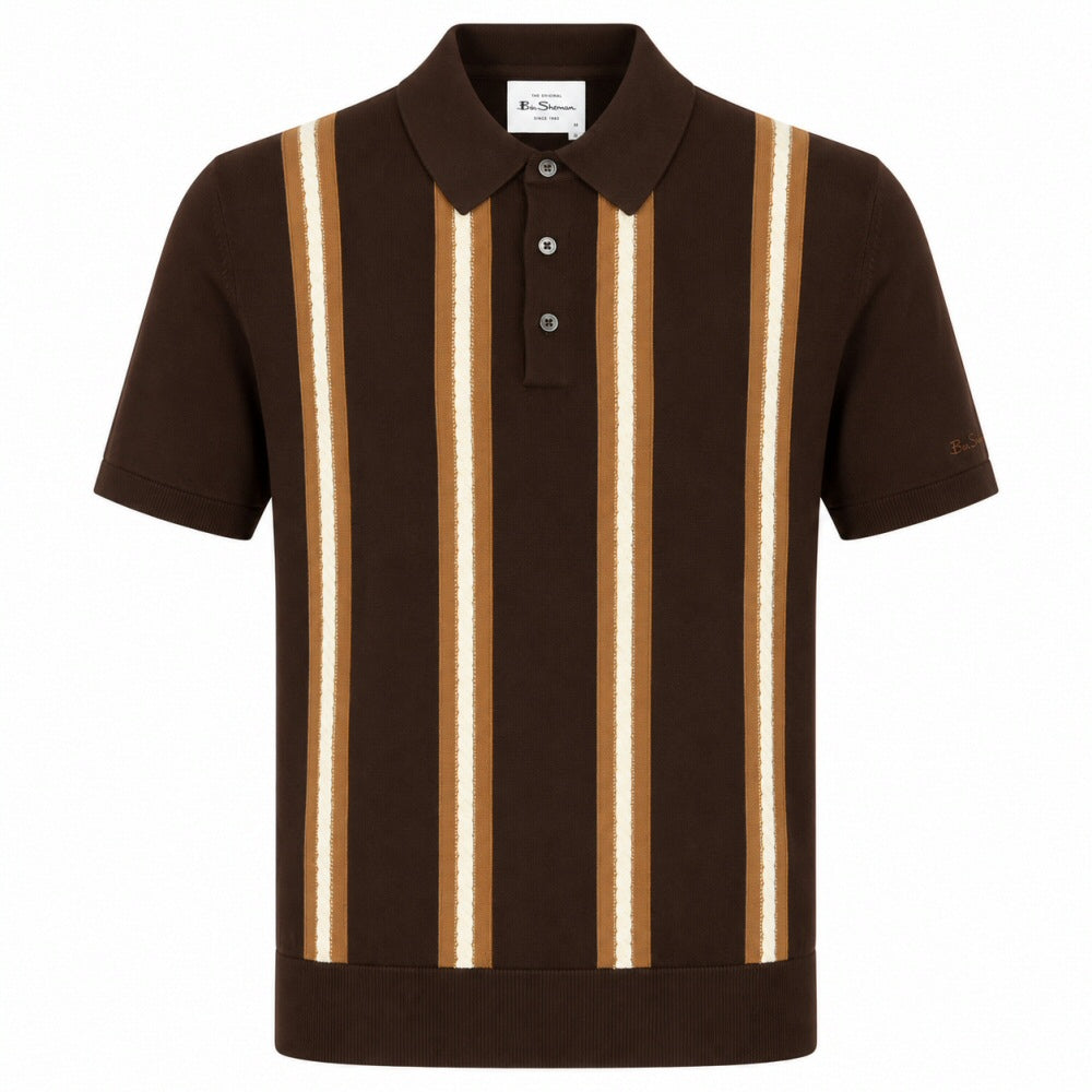 Ben Sherman Cable Knit Stripe 3 Button Knit Polo Brown