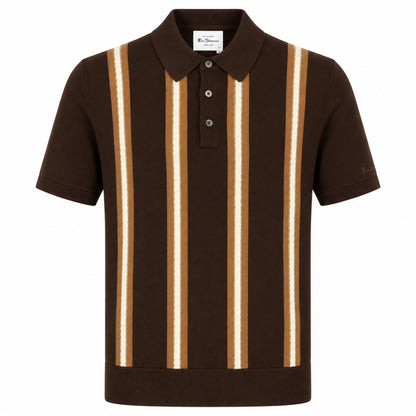 Ben Sherman Cable Knit Stripe 3 Button Knit Polo Brown
