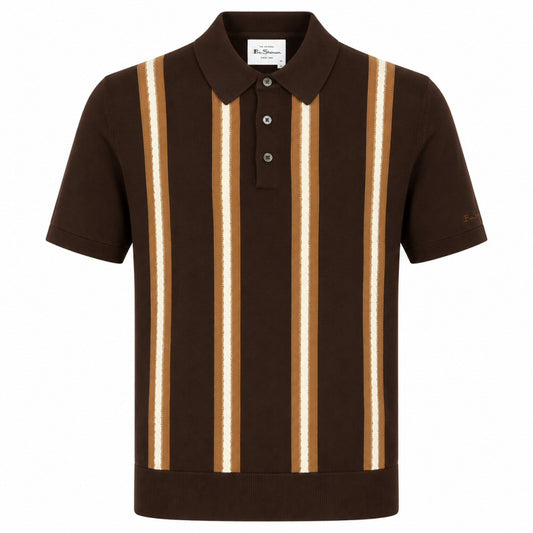 Ben Sherman Cable Knit Stripe 3 Button Knit Polo Brown