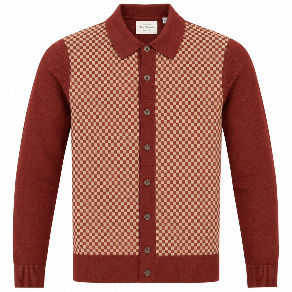 Ben Sherman Checker Knit Button Thru Cardigan Brick