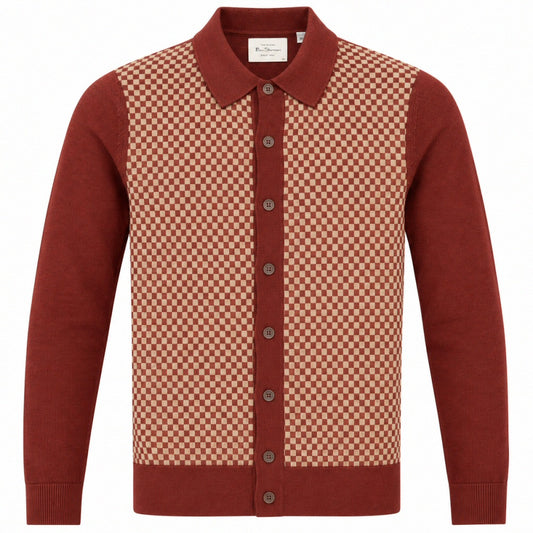 Ben Sherman Checker Knit Button Thru Cardigan Brick