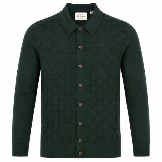 Ben Sherman Enlarged Checkerboard Knit Cardigan Green