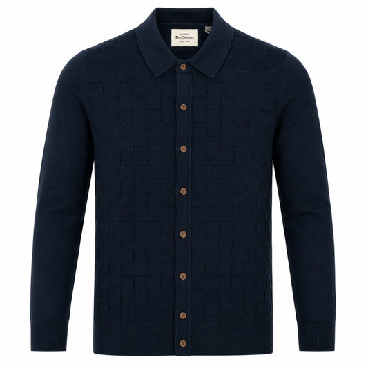 Ben Sherman Enlarged Checkerboard Knit Cardigan Navy